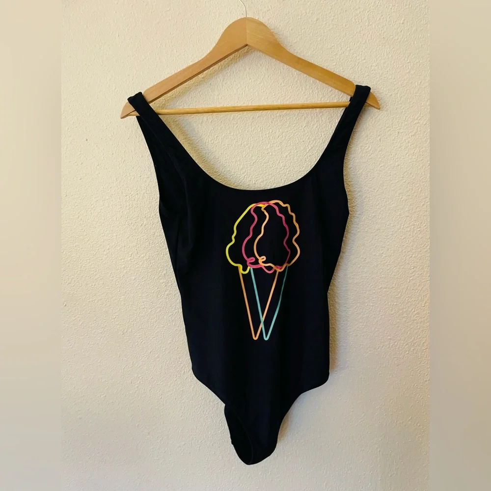 Aerie Navy Blue Neon Ice Cream Cone One Piece Cheeky Swimsuit Size Medium